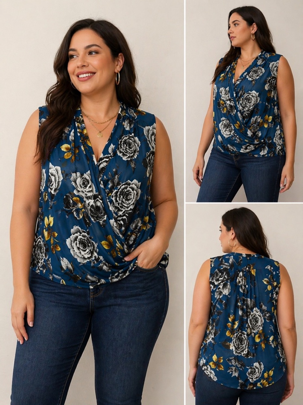 Rachael Roy women's sleeveless floral pullover blouse blue with a wrap-front XXL